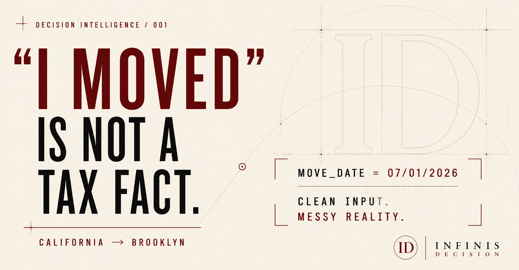 Infinis Decision editorial plate for ‘I Moved’ Is Not a Tax Fact, contrasting a clean move-date input with the messy reality of a California-to-Brooklyn move.